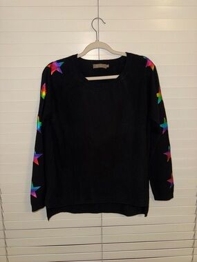 Black Crewneck Sweater with Rainbow Star Sleeves - Women